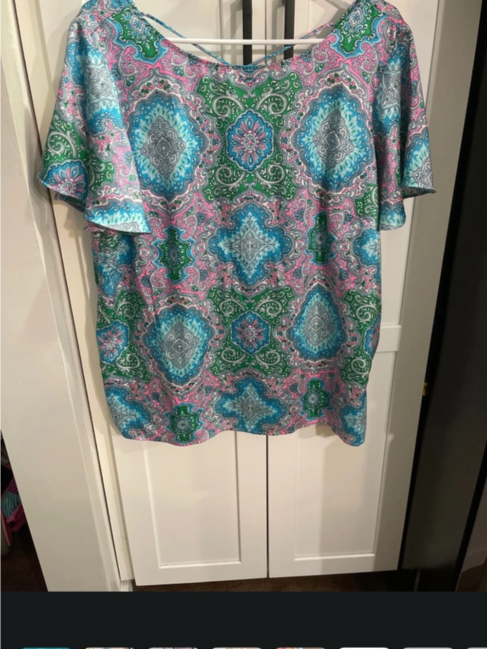 Talbots Blue, Green & Pink Medallion Short Sleeve Blouse